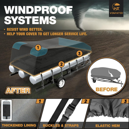 Pontoon Boat Cover with Motor Cover, 800D Solution-Dyed Heavy Duty Polyester Cover, UV Resistant Marine Grade Waterproof Covers