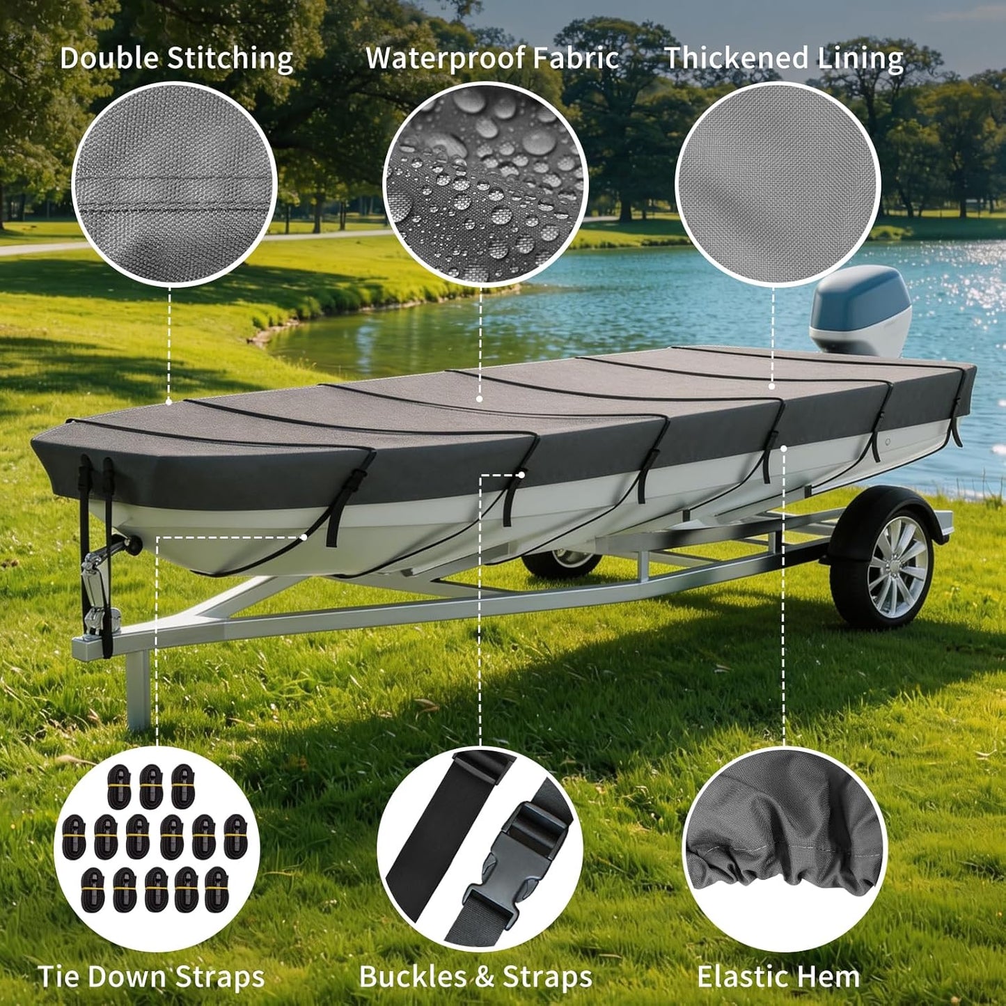 Jon Boat Cover ,1200D 5-Layer Waterproof Oxford Fabric,Heavy Duty UV Protection Fade and Tear Resistant Trailerable Mooring Cover, Marine Grade Reinforced Adjustable Side Straps