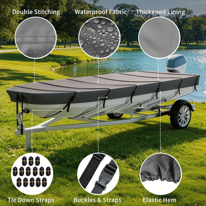 Jon Boat Cover ,1200D 5-Layer Waterproof Oxford Fabric,Heavy Duty UV Protection Fade and Tear Resistant Trailerable Mooring Cover, Marine Grade Reinforced Adjustable Side Straps