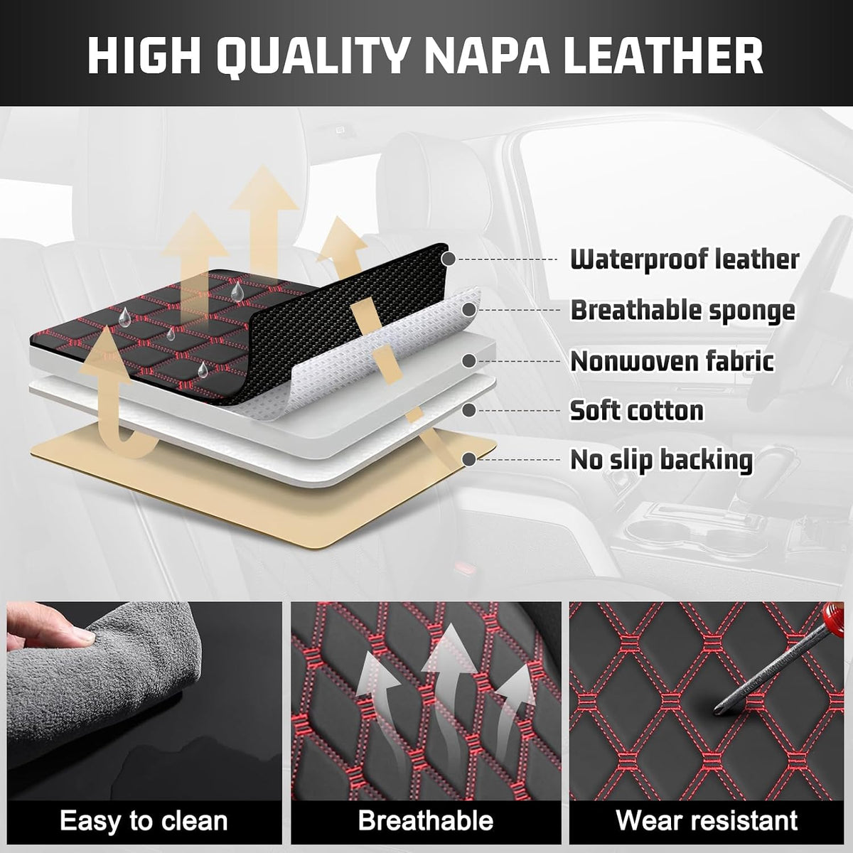 Seat Covers for F150 2015-2026 SuperCrew, 2017-2026 F250/350/450,Crew Cab Nappa Leather, 3D Laser-Scan Custom Fit Super Duty F350/450 2017-2026 Crew Cab, Waterproof, Full Coverage, Airbag Compatible,Red