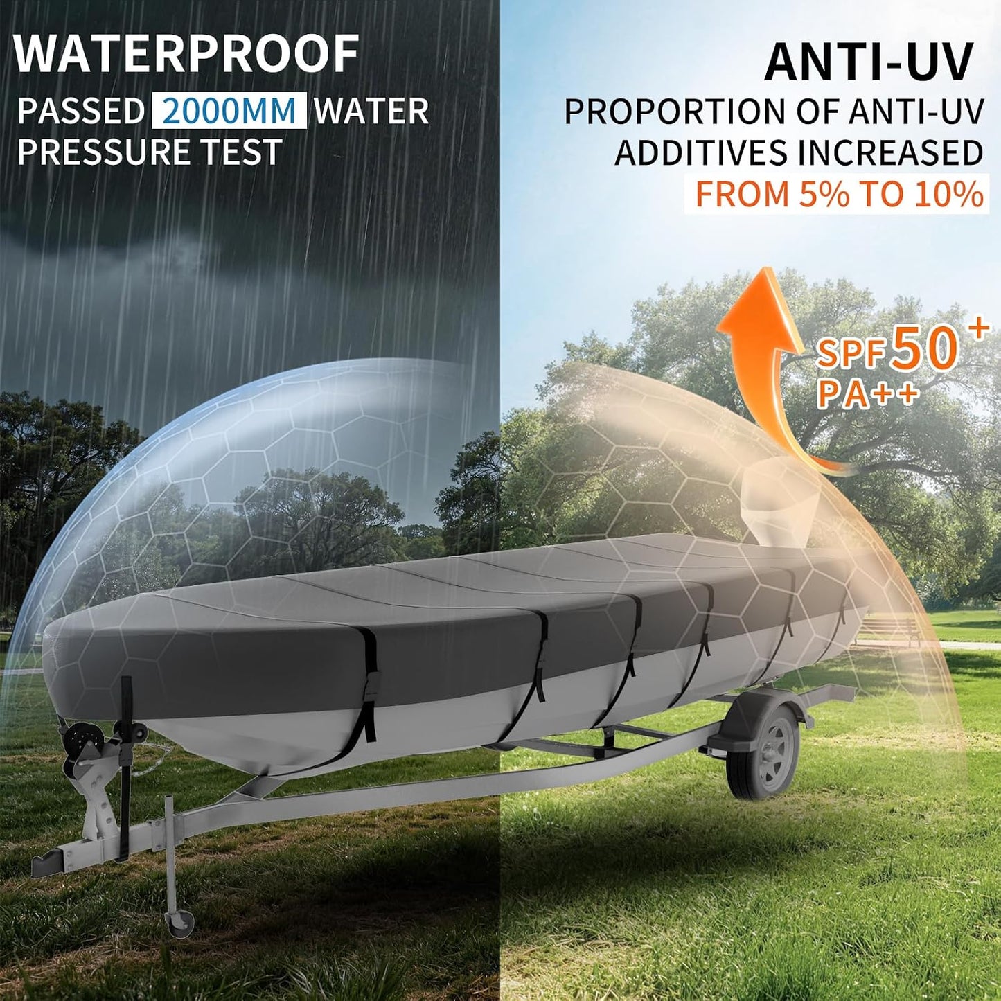 Jon Boat Cover for  V-Bow, 1200D 5-Layer Waterproof Oxford Fabric, Heavy Duty UV Protection & Tear Resistant Trailerable Mooring Cover, Marine Grade Reinforced Adjustable Side Straps
