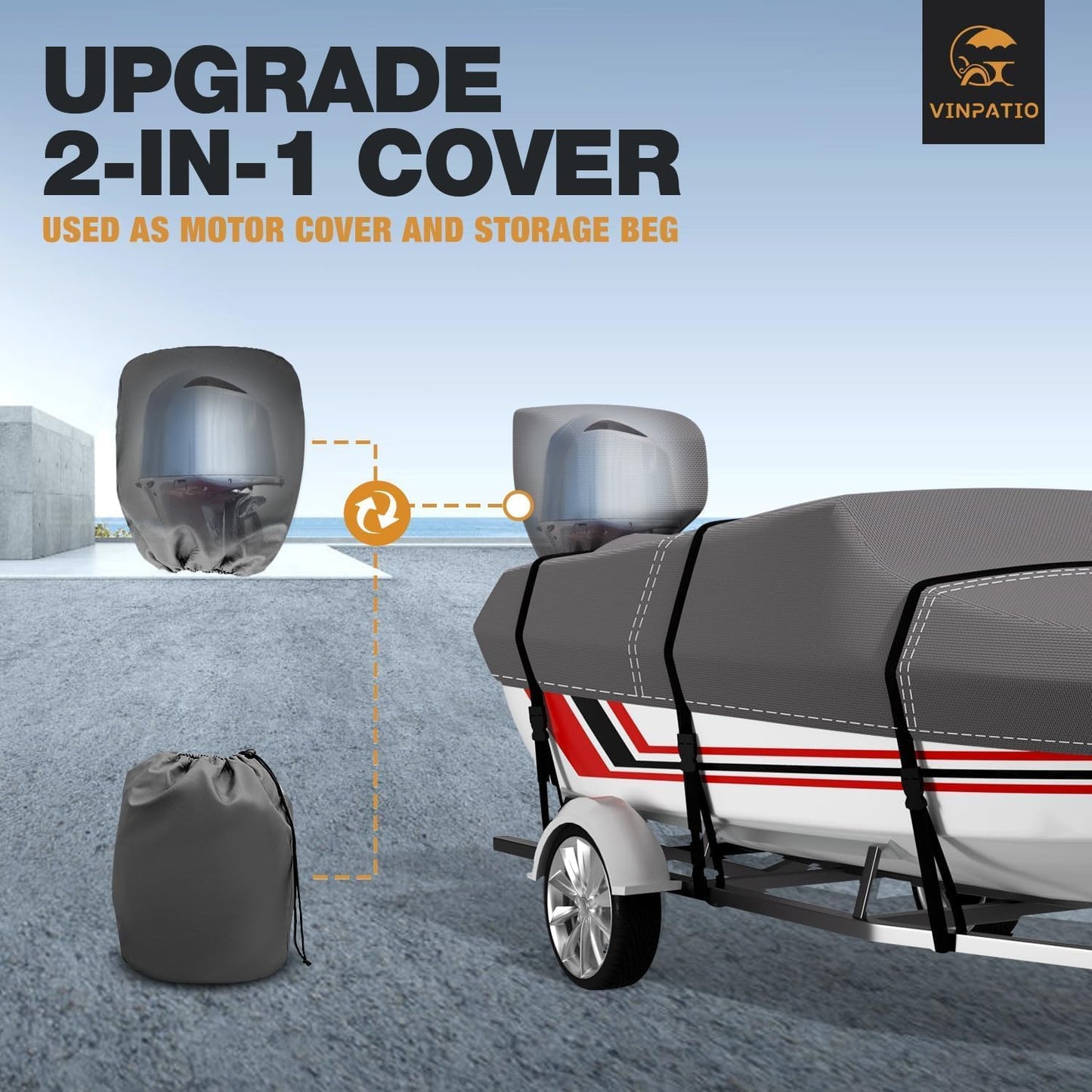 Umbrauto V-Hull Boat Cover, 600D Solution-Dyed Oxford 100% Waterproof, Heavy Duty Bass Boat Cover for Trailerable Fishing Boat, Beam Width 90"