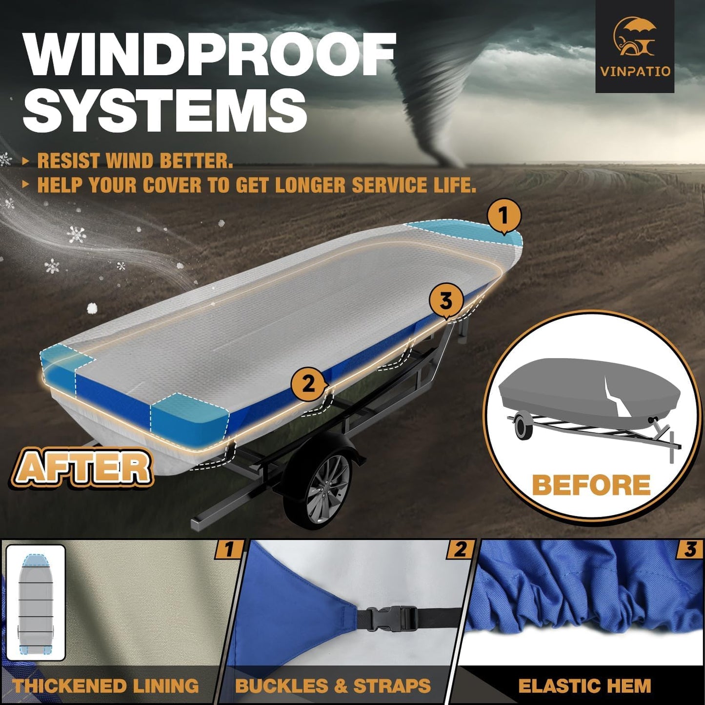 Jon Boat Cover 600D Solution-Dyed Oxford Fabric Heavy Duty Trailerable Jon Boat Cover Waterproof UV Resistant Marine Grade Reinforced Adjustable Side Straps, Blue & Silver