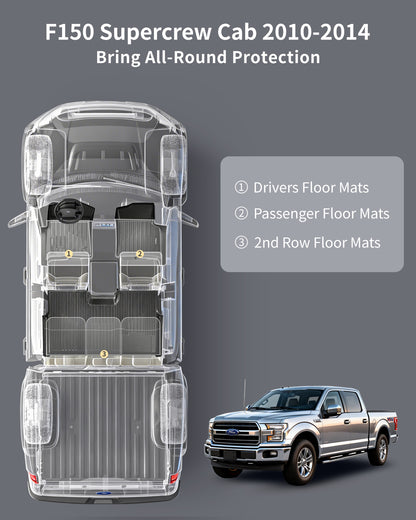 Umbrauto Custom Fit Floor Mats for Ford F150 SuperCrew 2010-2014 (Not for SuperCab or Regular Cab), All Weather TPE Pickup Truck Floor Liners for Front and Rear Row, Durable Non-Slip Automotive Mats