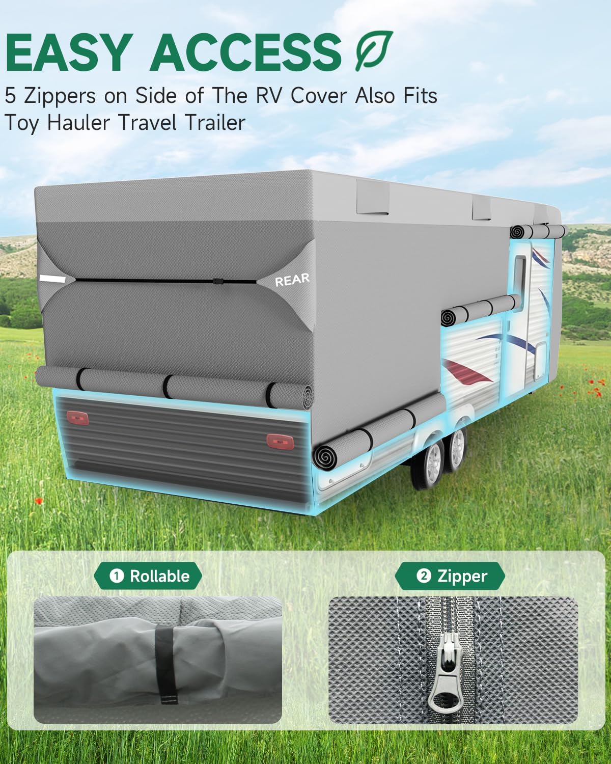 Umbrauto RV Cover Lightweight Travel Trailer Cover, Waterproof Camper Cover for Toy Hauler, Winter Campsite, with Tongue Jack Cover, Extra Windproof Ropes, Gutter Covers