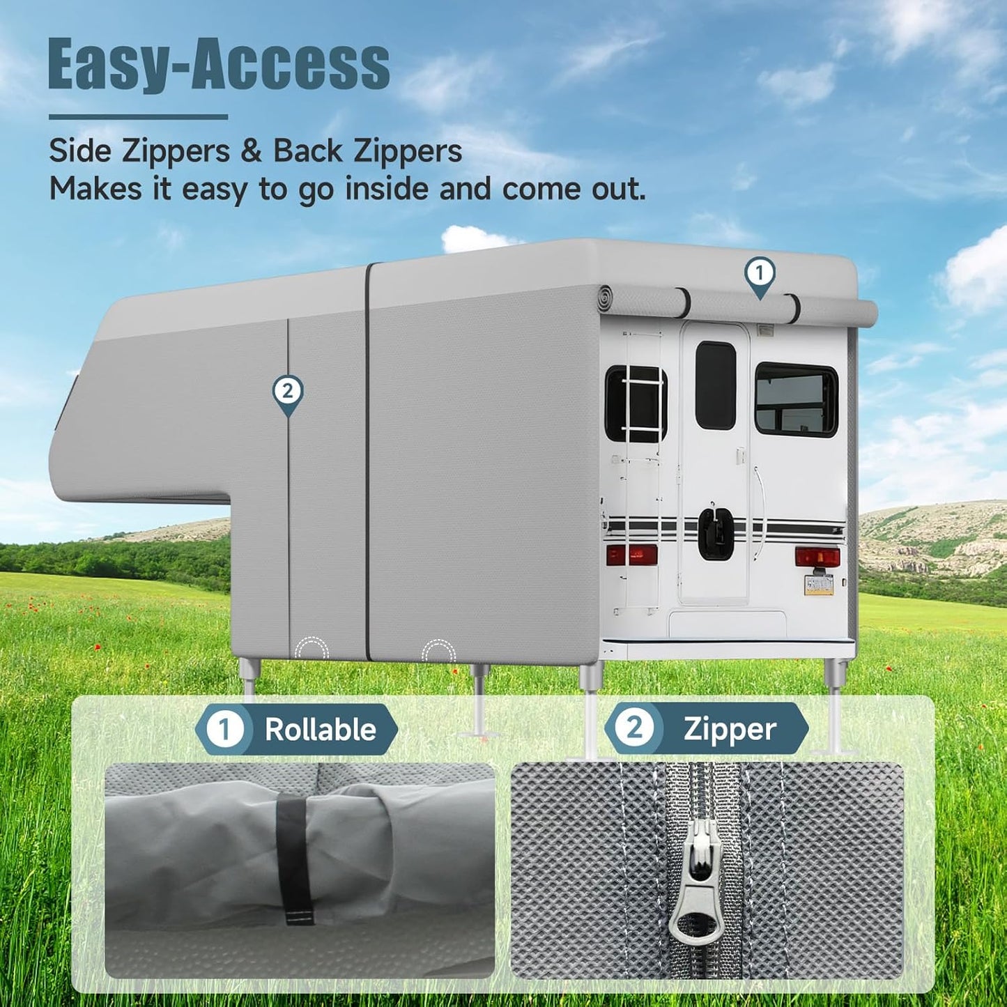 Truck Camper Cover : Slide-in Pickup Truck Trailers RV Cover, Waterproof Cabover Camper Cover, Windproof Straps, Adhesive Patch for All Seasons