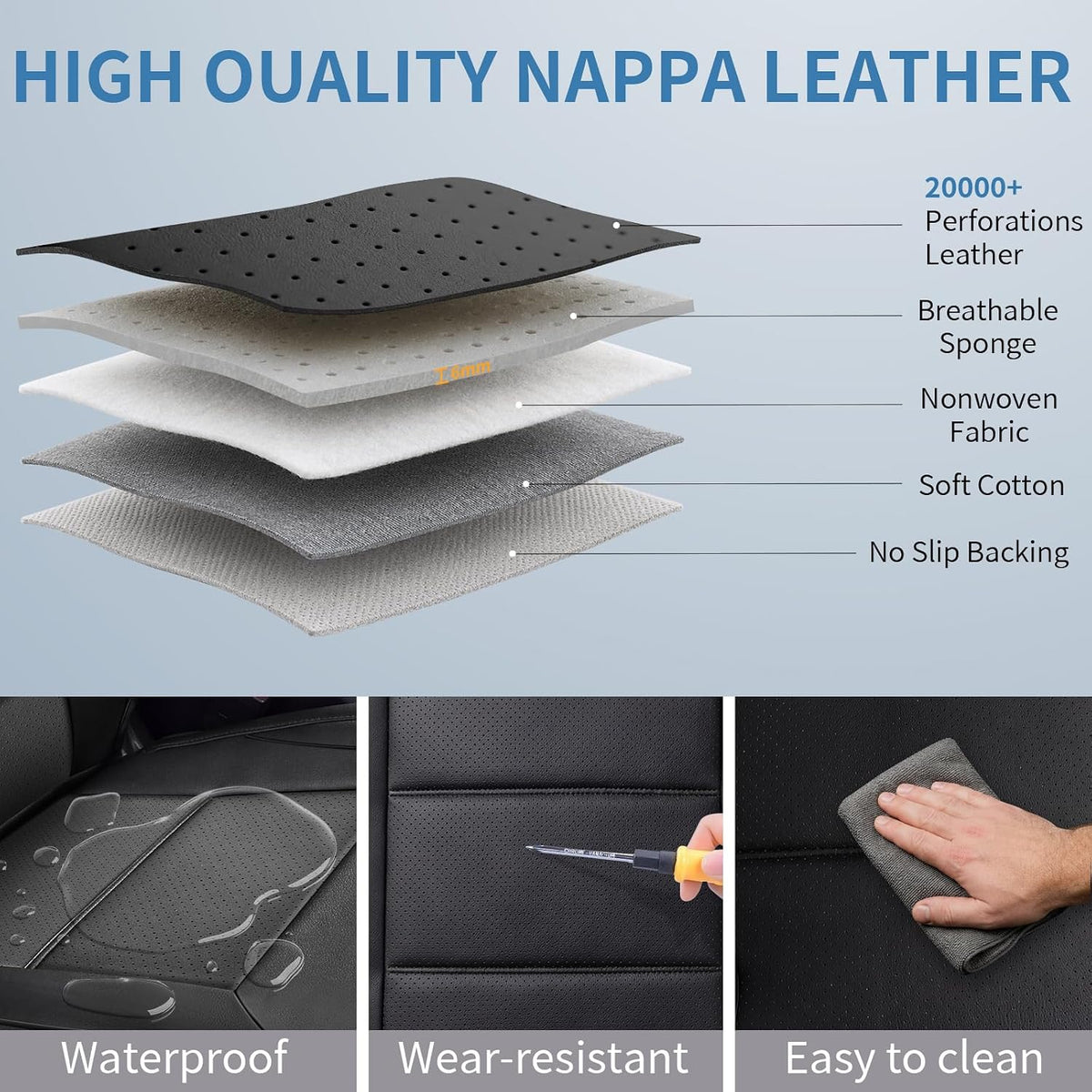 Truck Seat Covers for Toyota Tundra CrewMax Full Set Nappa Leather, 3D Laser-Scan Custom Fit, Waterproof, Easy-Clean, Full Coverage, Airbag Compatible, Pet&Scratch Protection