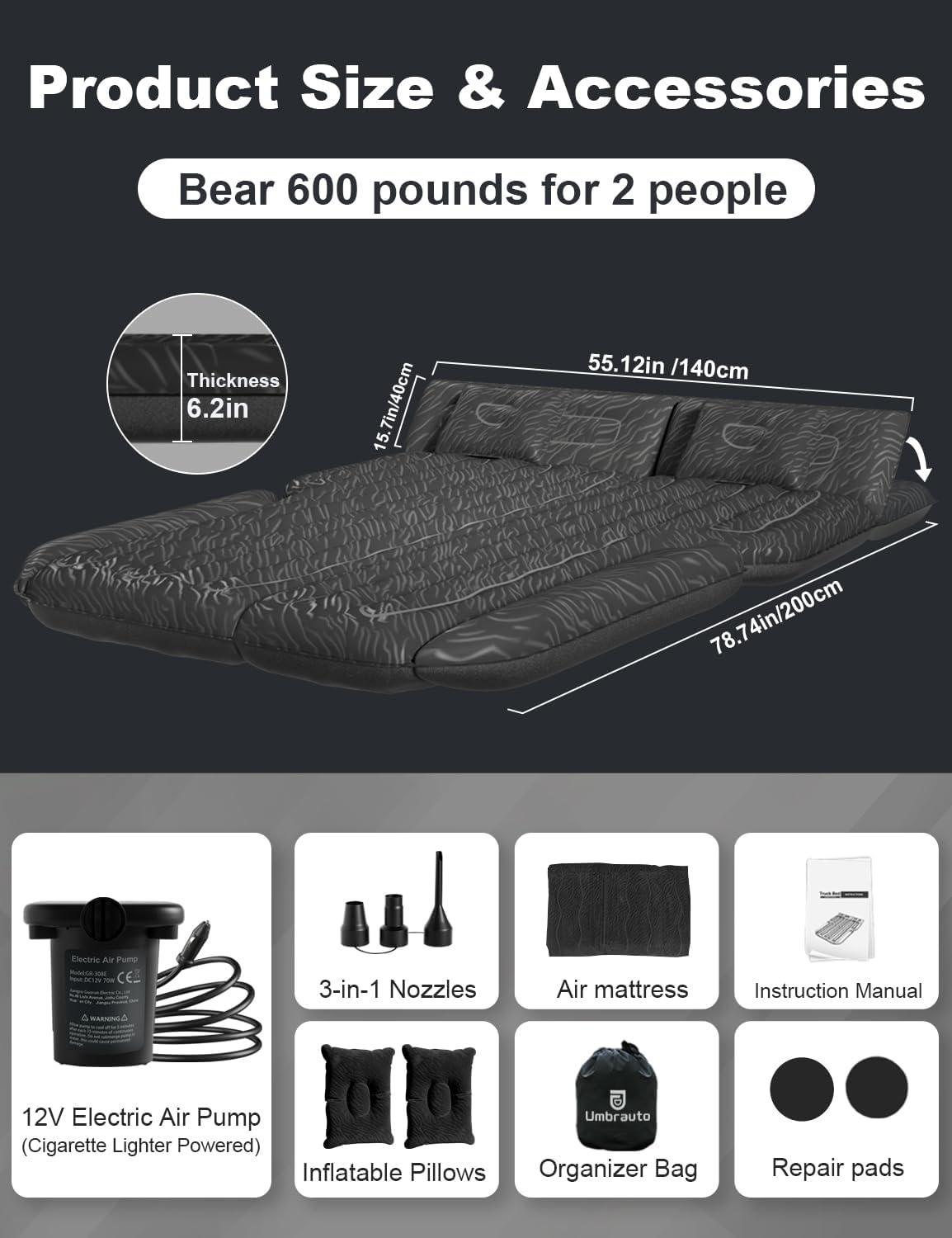 Umbrauto 63in Extended SUV Mattress — Quick Inflate, Includes Pump & 2 Pillows,Black