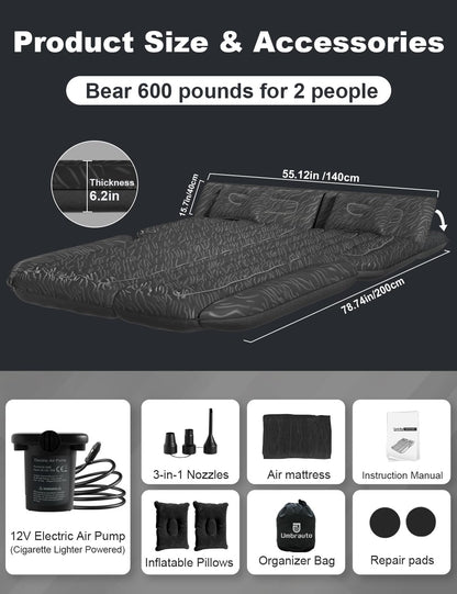 Umbrauto 63in Extended SUV Mattress — Quick Inflate, Includes Pump & 2 Pillows,Black