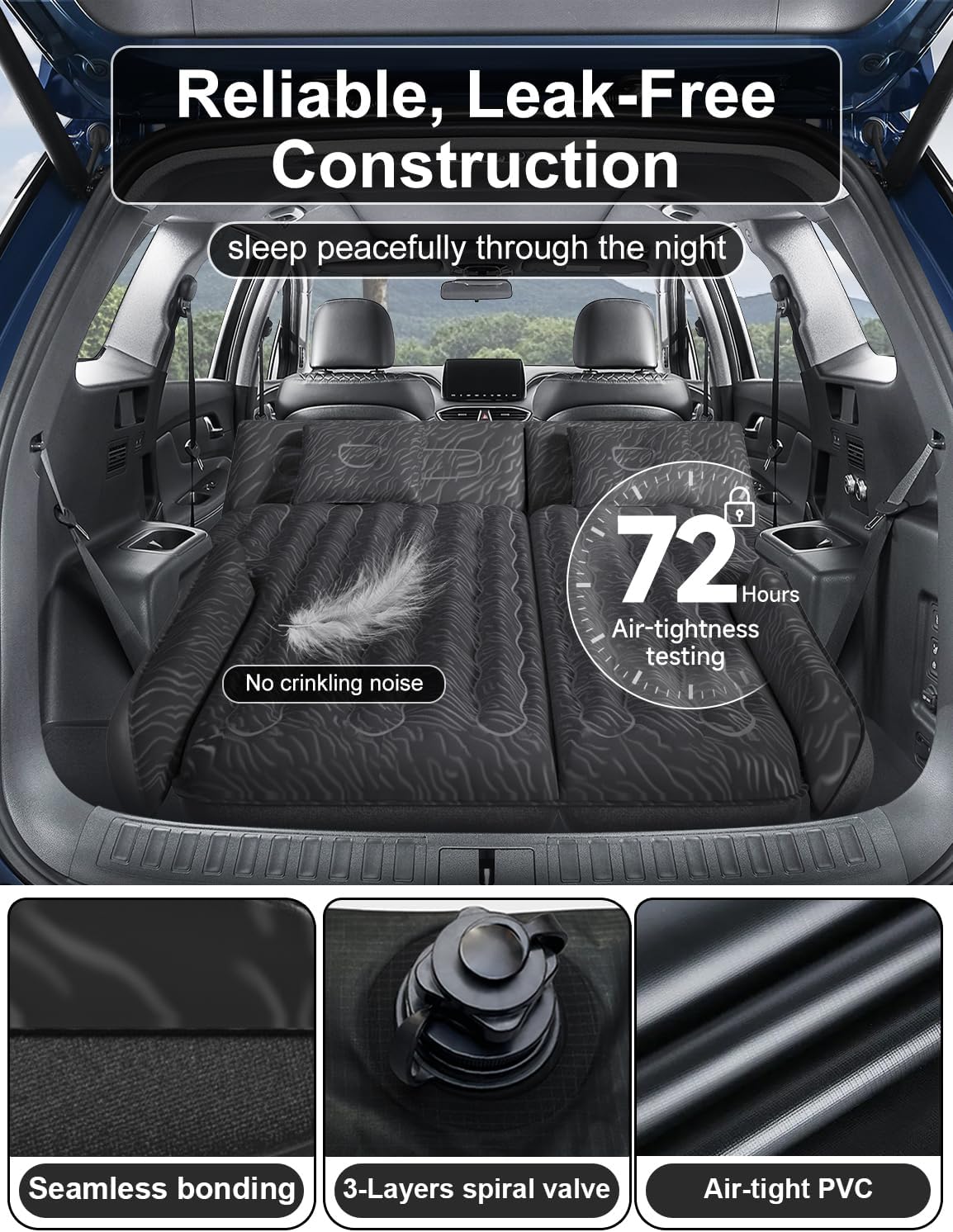 Umbrauto 63in Extended SUV Mattress — Quick Inflate, Includes Pump & 2 Pillows,Black