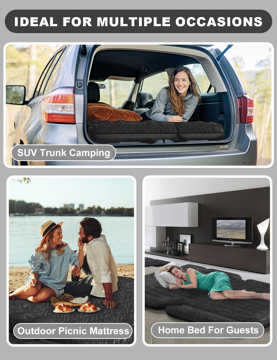 Umbrauto 63in Extended SUV Mattress — Quick Inflate, Includes Pump & 2 Pillows,Grey