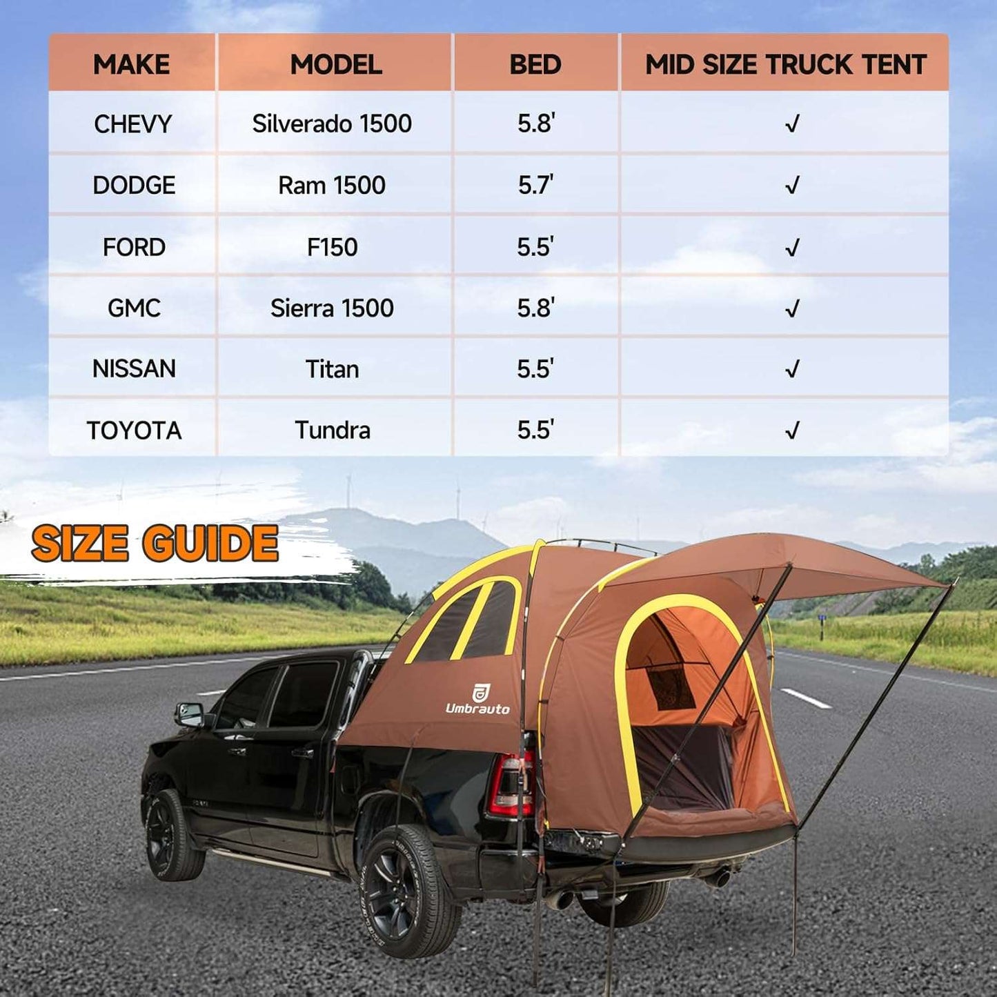 Truck Bed Tent with Awning 5.5'-5.8' PU3000mm Waterproof Pickup Truck Tents Umbrauto