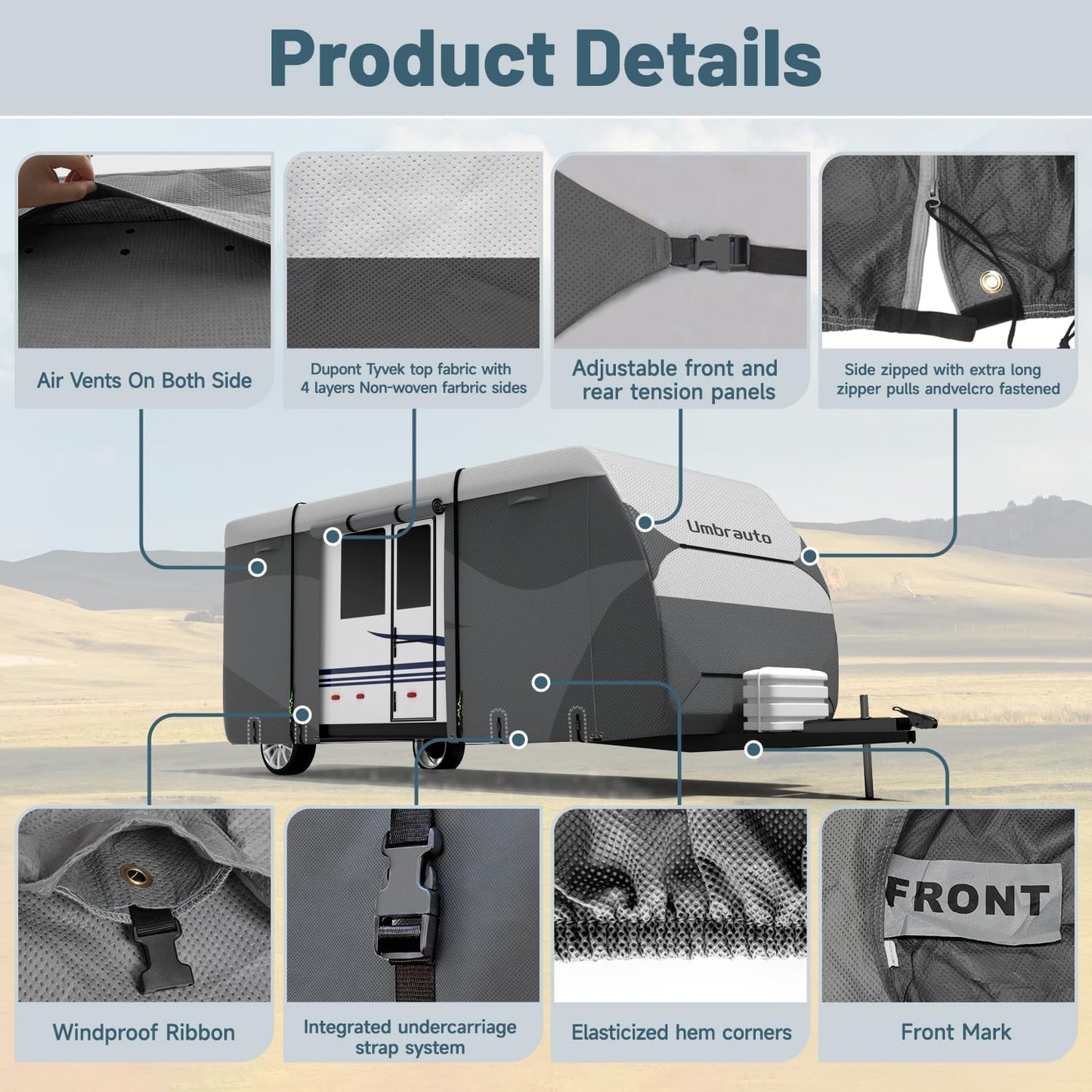 Umbrauto DuPont Tyvek Travel Trailer RV Cover, Waterproof & Ripstop Camper Cover with 4-Layer Sides, Sun and Snow Protection, Extra Windproof Ropes, Fits Toy Hauler