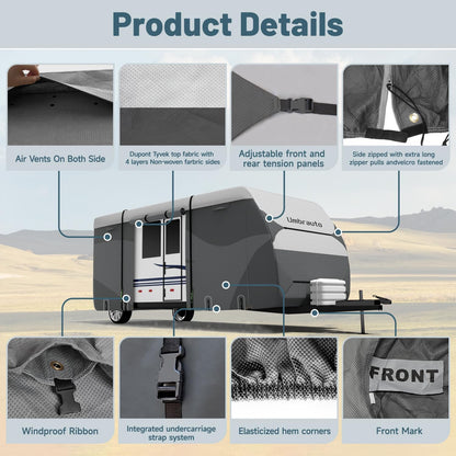 Umbrauto DuPont Tyvek Travel Trailer RV Cover, Waterproof & Ripstop Camper Cover with 4-Layer Sides, Sun and Snow Protection, Extra Windproof Ropes, Fits Toy Hauler