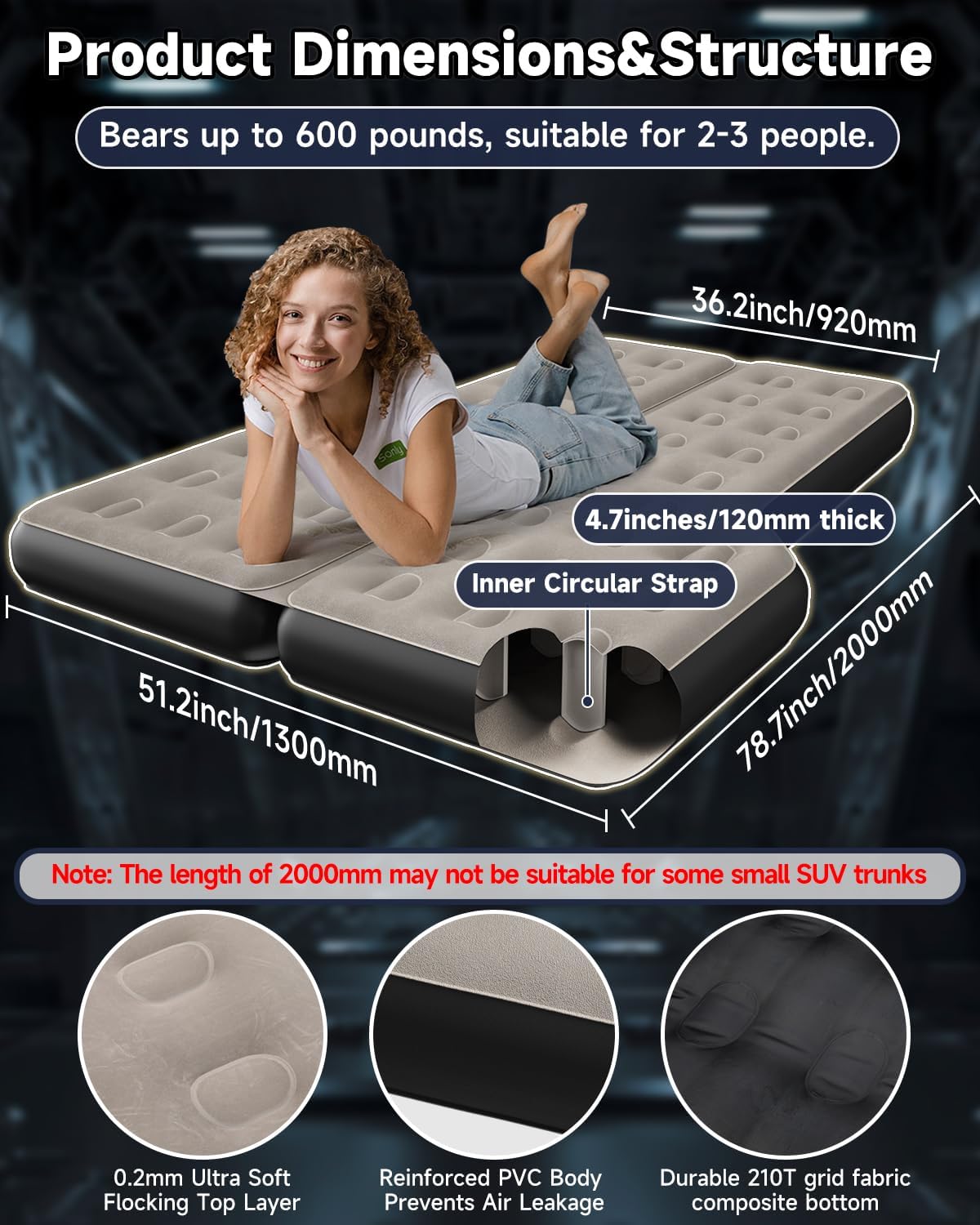 Matelas pneumatique épaissi Umbrauto pour coffre de SUV 3.0, Gris Kaki