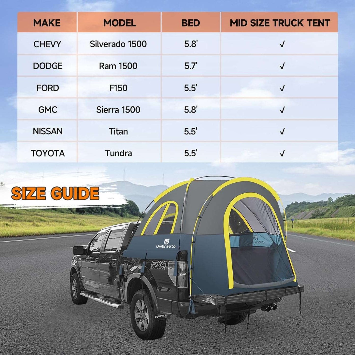 Truck Bed Tent PU3000mm Waterproof Pickup Truck Tents Umbrauto