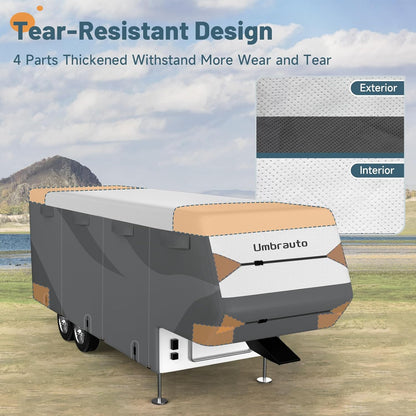 Umbrauto Fifth Wheel RV Cover, Dupont Tyvek Fabric Top 5th Wheel RV Cover Travel Trailer, Waterproof Ripstop Camper Cover with Tongue Jack Cover, Extra Windproof Ropes and Ladder Cover