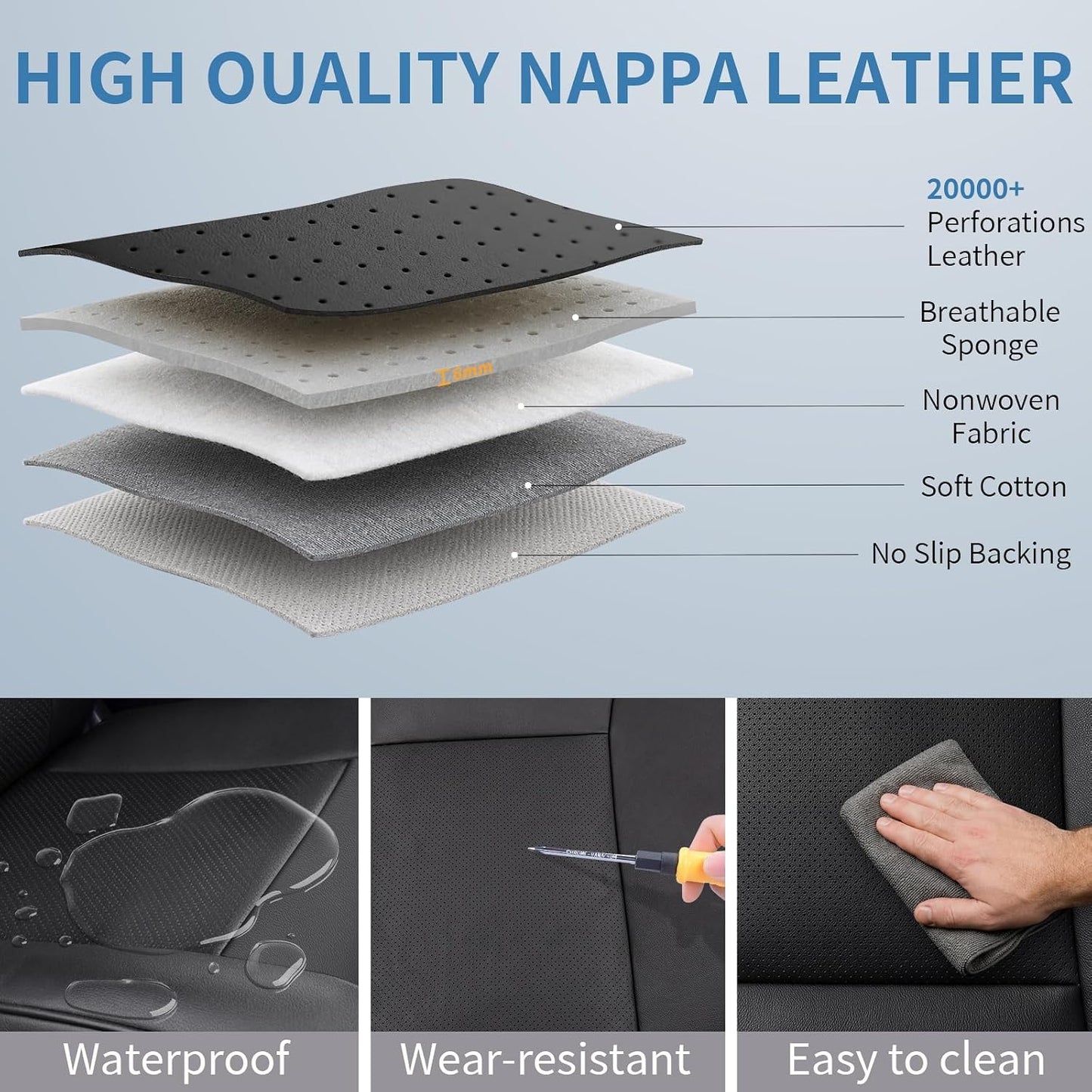 Umbrauto Car Seat Covers for Toyota Tacoma 2005-2015 Double & Crew Cab,Nappa Leather, 3D Laser-Scan Custom Fit, Waterproof, Easy-Clean, Full Coverage, Airbag Compatible, Pet & Scratch Protection