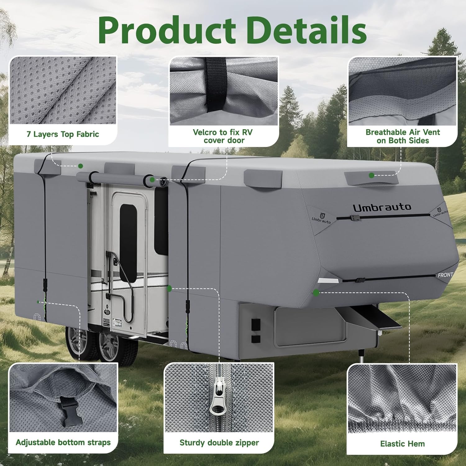 rv tarp Umbrauto 5th Wheel RV Cover Upgraded 7 Layers Top Anti-UV Waterproof Breathable Camper Covers Fits 34-37ft (450"Lx 102"Wx 121"H)