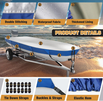 Jon Boat Cover 600D Solution-Dyed Oxford Fabric Heavy Duty Trailerable Jon Boat Cover Waterproof UV Resistant Marine Grade Reinforced Adjustable Side Straps, Blue & Silver