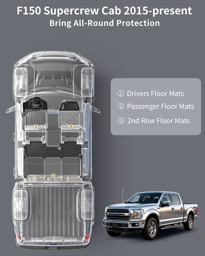 Tapis de sol toutes saisons Umbrauto pour Ford F150 SuperCrew 2015-2025 2026 & Lightning 2022-2026, tapis de sol en TPE sur mesure pour camion, étanches et résistants, couverture complète, arrière sans rangement plat repliable