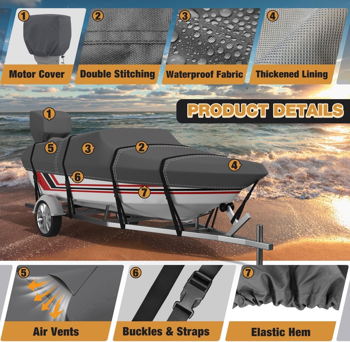 Umbrauto V-Hull Boat Cover, 600D Solution-Dyed Oxford 100% Waterproof, Heavy Duty Bass Boat Cover for Trailerable Fishing Boat, Beam Width 90"