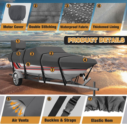 Umbrauto V-Hull Boat Cover, 600D Solution-Dyed Oxford 100% Waterproof, Heavy Duty Bass Boat Cover for Trailerable Fishing Boat, Beam Width 90"