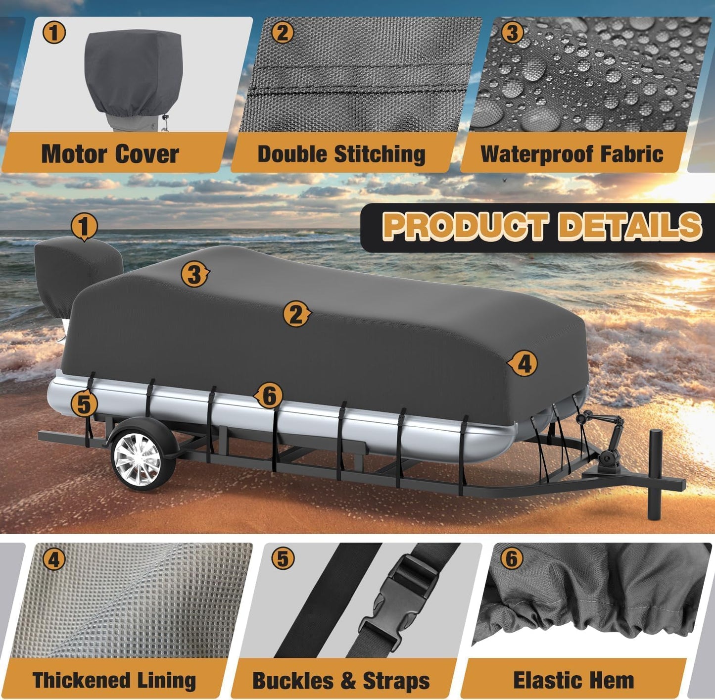 Pontoon Boat Cover with Motor Cover, 800D Solution-Dyed Heavy Duty Polyester Cover, UV Resistant Marine Grade Waterproof Covers