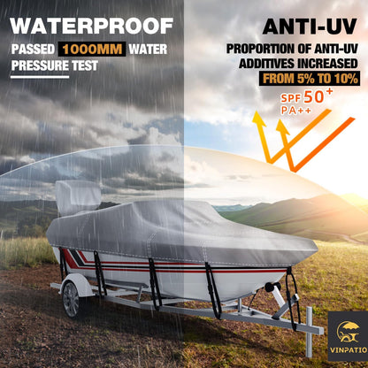 Boat Cover with Motor Cover,  100% Waterproof Boat Covers Bass Boat Cover Fits V-Hull Runabout Fishing Ski Pro-Style Bass Boats