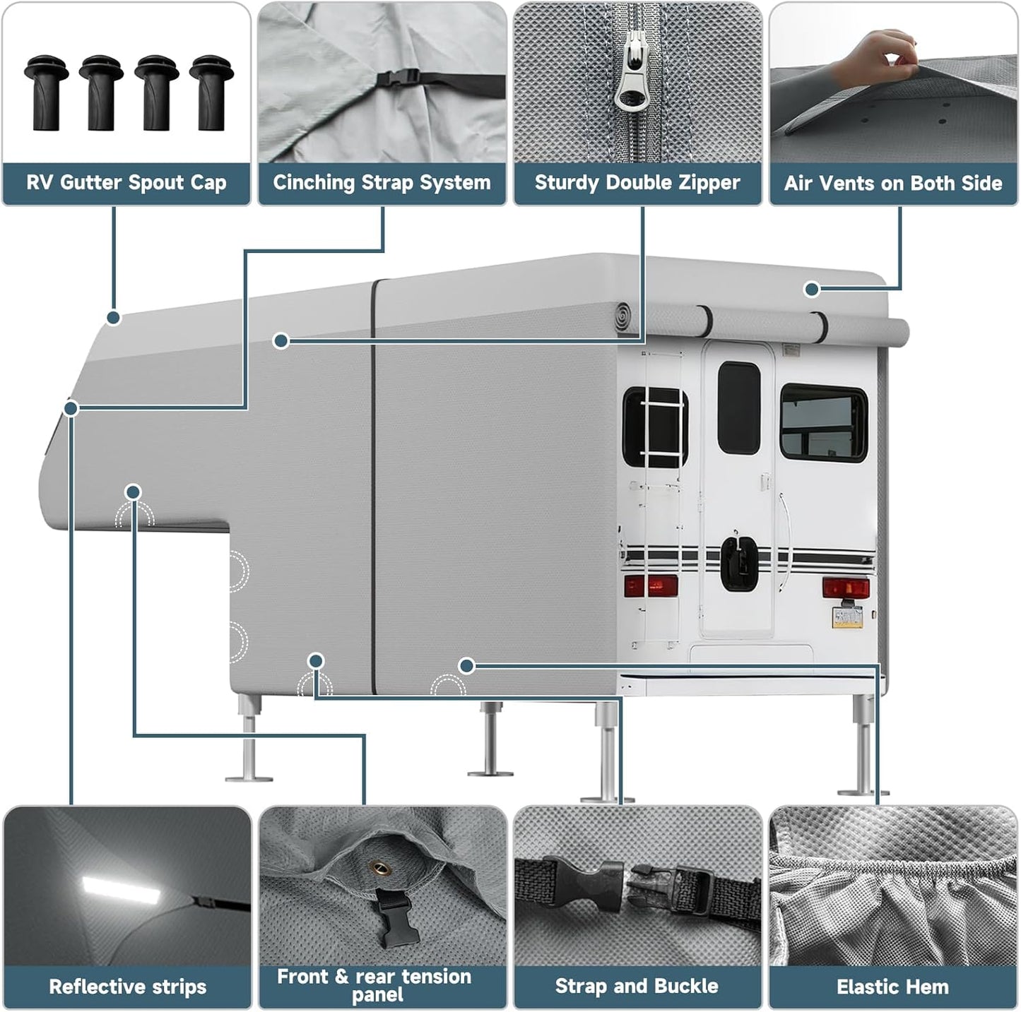 Truck Camper Cover : Slide-in Pickup Truck Trailers RV Cover, Waterproof Cabover Camper Cover, Windproof Straps, Adhesive Patch for All Seasons