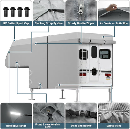 Truck Camper Cover : Slide-in Pickup Truck Trailers RV Cover, Waterproof Cabover Camper Cover, Windproof Straps, Adhesive Patch for All Seasons