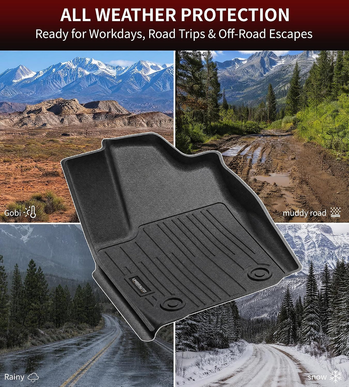 Umbrauto Floor Mats for Toyota Tacoma 2016-2023 Double Cab (Only for Automatic), All Weather TPE Truck Floor Liners Custom Fit Tacoma SR/SR5/TRD/Limited/Trail, Front & Rear 2 Row Waterproof Car Rug