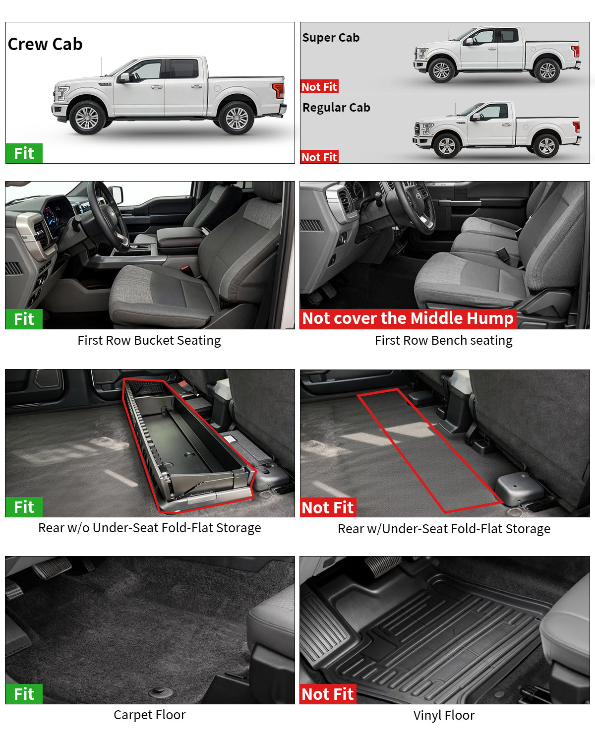 Umbrauto Custom Fit Floor Mats for Ford F250 F350 F450 2017-2025 2026 Super Duty Crew Cab, All Weather Protector TPE Truck Floor Liners for Front Bucket Seats, Rear W/Fold-Flat Storage, Carpet Floor