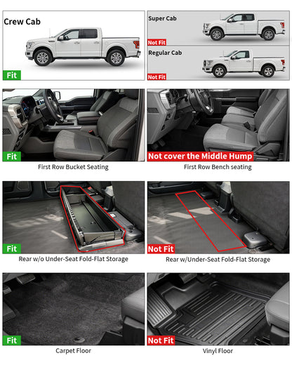 Umbrauto Custom Fit Floor Mats for Ford F250 F350 F450 2017-2025 2026 Super Duty Crew Cab, All Weather Protector TPE Truck Floor Liners for Front Bucket Seats, Rear W/Fold-Flat Storage, Carpet Floor