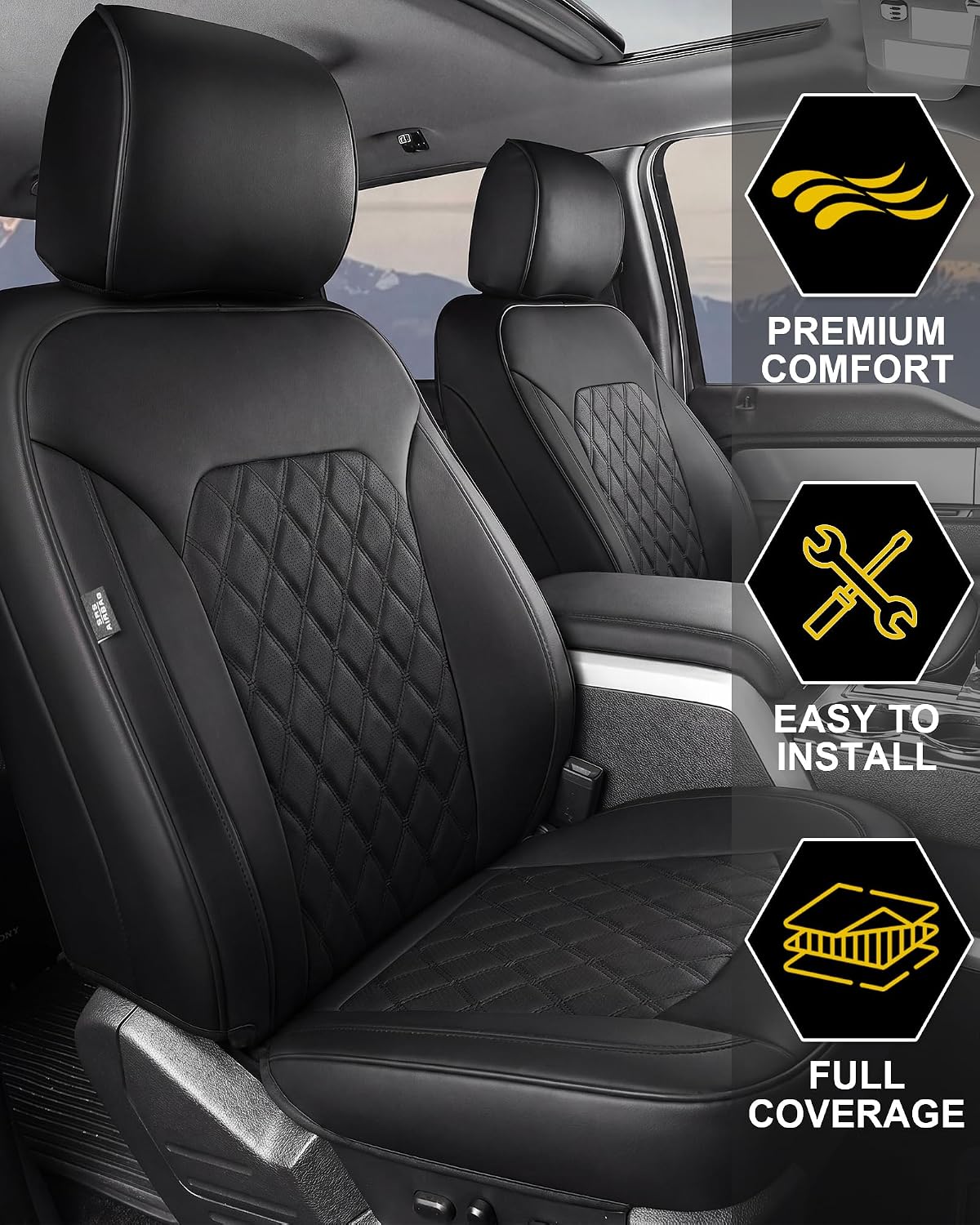 Front Seat Covers for F150 2015-2026 SuperCrew, 2017-2026 F250/350 Crew Cab,Nappa Leather, 3D Laser-Scanned Custom Fit, Waterproof, Full Coverage, Airbag Compatible, Easy to Clean, Pet Friendly,Black