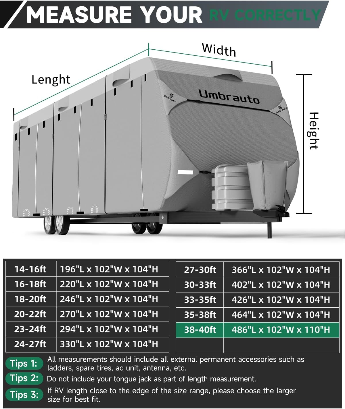 Umbrauto RV Cover Lightweight Travel Trailer Cover, Waterproof Camper Cover for Toy Hauler, Winter Campsite, with Tongue Jack Cover, Extra Windproof Ropes, Gutter Covers