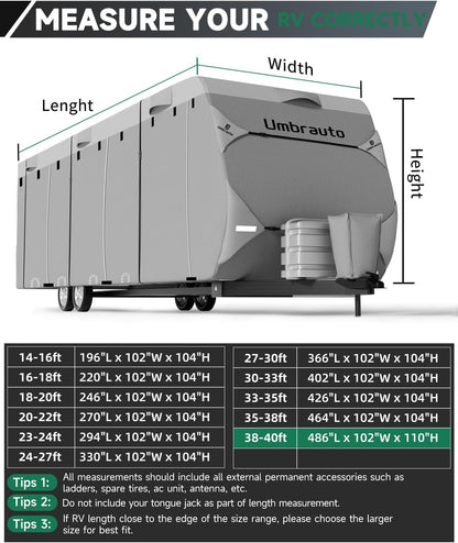 Umbrauto RV Cover Lightweight Travel Trailer Cover, Waterproof Camper Cover for Toy Hauler, Winter Campsite, with Tongue Jack Cover, Extra Windproof Ropes, Gutter Covers