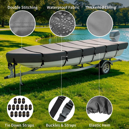 Jon Boat Cover for  V-Bow, 1200D 5-Layer Waterproof Oxford Fabric, Heavy Duty UV Protection & Tear Resistant Trailerable Mooring Cover, Marine Grade Reinforced Adjustable Side Straps