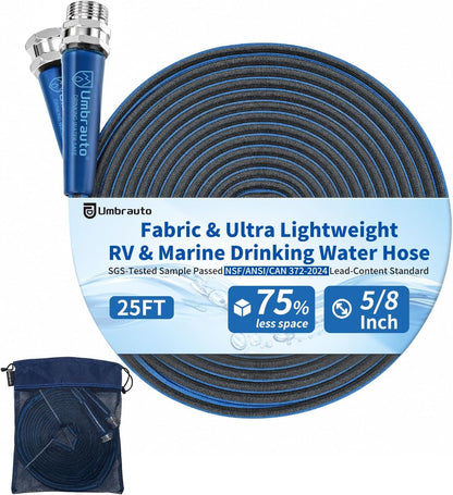 RV Water Hose, Potable Food Grade, Safe & Lead-Free, Lightweight Hose Collapsible Double Layer with Storage Bag. 3/4 inch Aluminum Fittings for RV Camping，No BPA & No Phthalate，60-120PSI