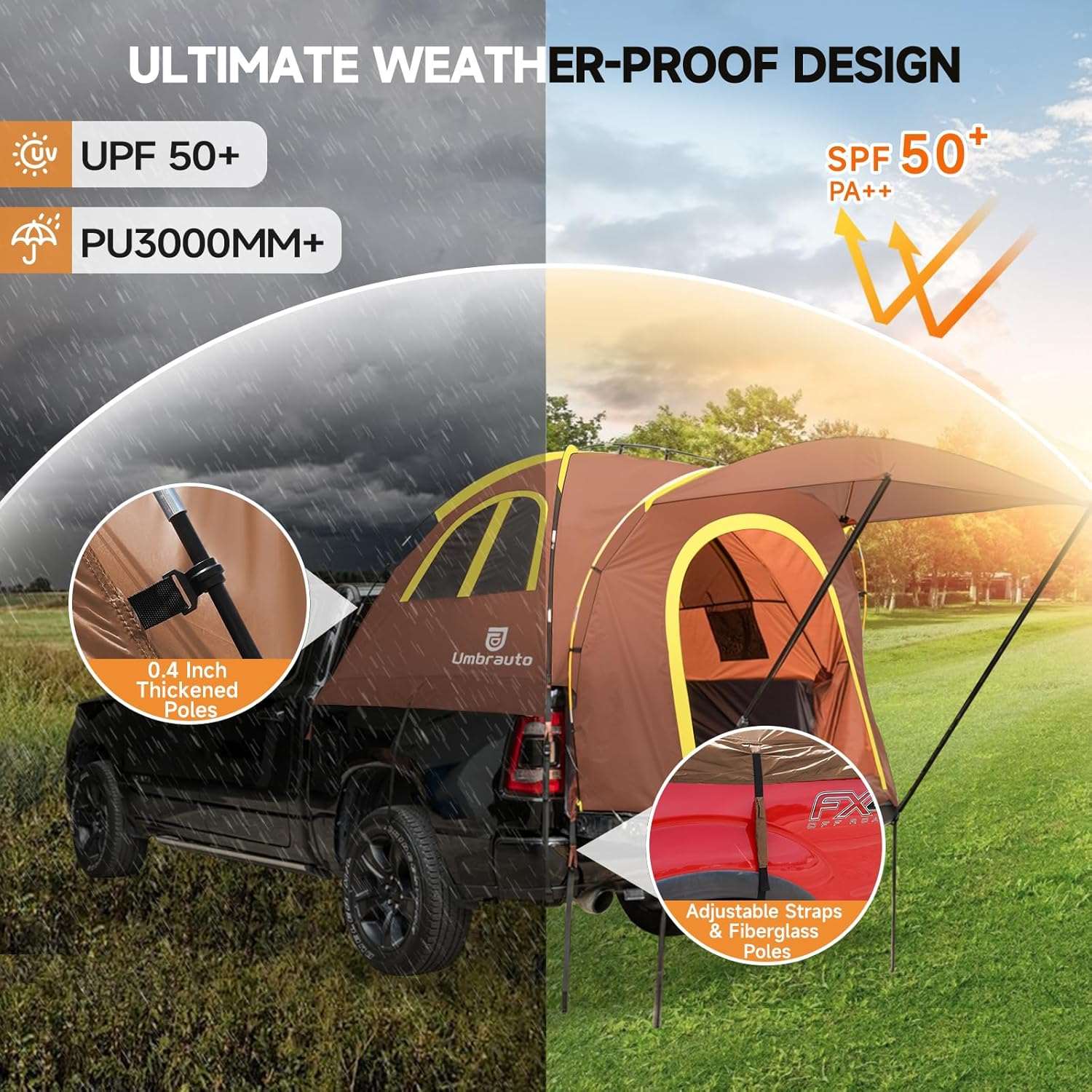 Truck Bed Tent with Awning 5.5'-5.8' PU3000mm Waterproof Pickup Truck Tents Umbrauto