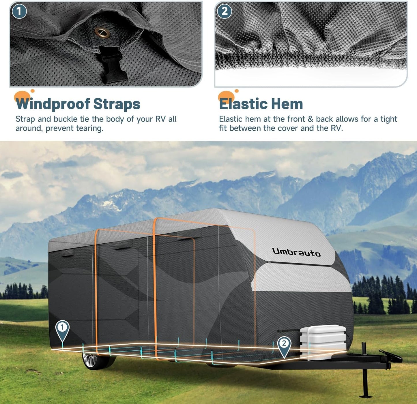 Umbrauto DuPont Tyvek Travel Trailer RV Cover, Waterproof & Ripstop Camper Cover with 4-Layer Sides, Sun and Snow Protection, Extra Windproof Ropes, Fits Toy Hauler