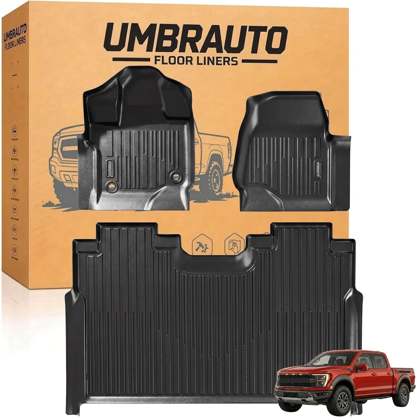 Tapis de sol toutes saisons Umbrauto pour Ford F150 SuperCrew 2015-2025 2026 & Lightning 2022-2026, tapis de sol en TPE sur mesure pour camion, étanches et résistants, couverture complète, arrière sans rangement plat repliable