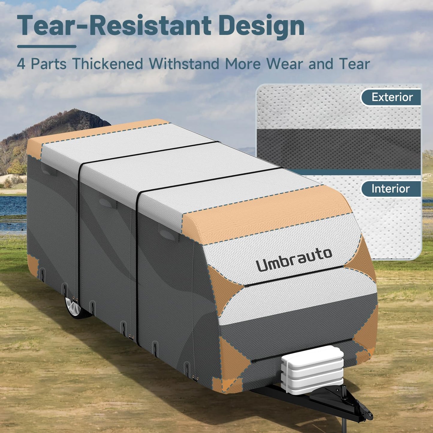 Umbrauto DuPont Tyvek Travel Trailer RV Cover, Waterproof & Ripstop Camper Cover with 4-Layer Sides, Sun and Snow Protection, Extra Windproof Ropes, Fits Toy Hauler