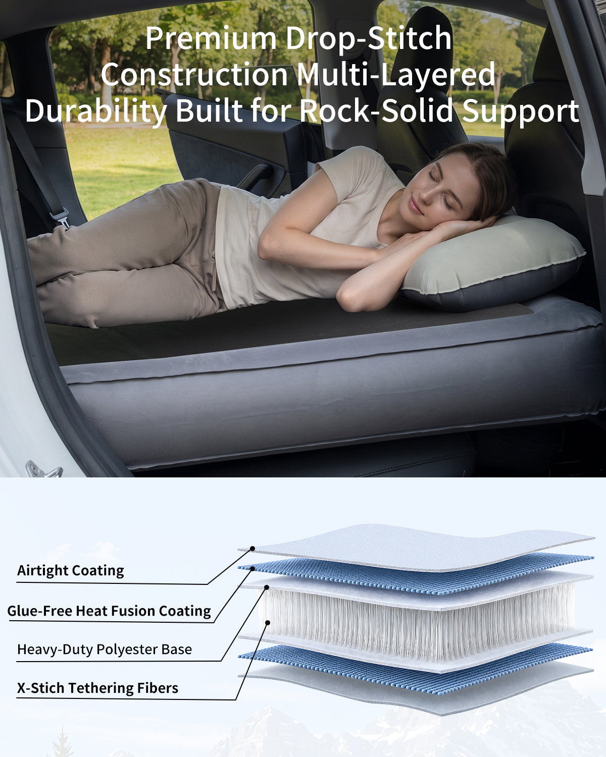 Umbrauto Custom Fit Air Mattress for Tesla Model Y/Juniper, 2026 Upgraded Drop-Stitch Tech with Built-in Pump Inflatable Camping Bed for Back Trunk, Soft Flocking Surface+Reinforced Bottom