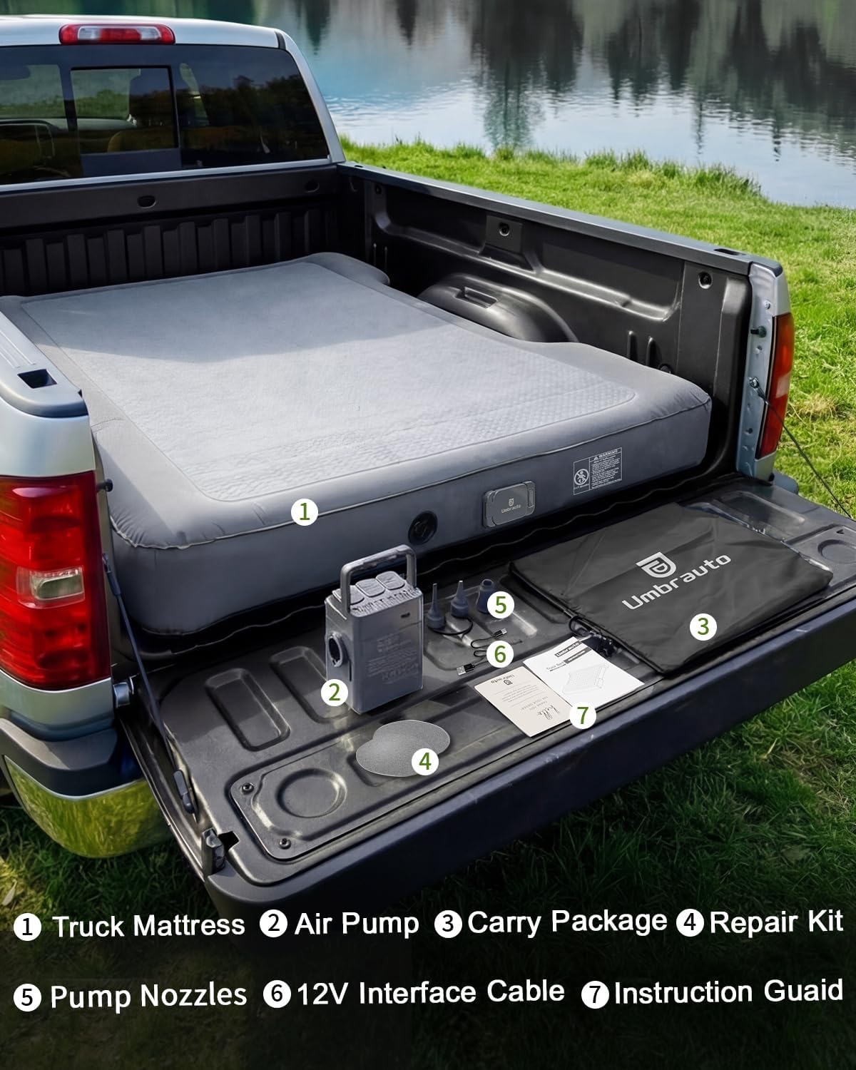 Matelas pneumatique Umbrauto Premium Drop-Stitch pour lit court de camion de 6,0 à 6,5 pieds, pompe sans fil rechargeable, matelas de couchage ferme et étanche, résistant à l'affaissement, pour tente de camion et camping