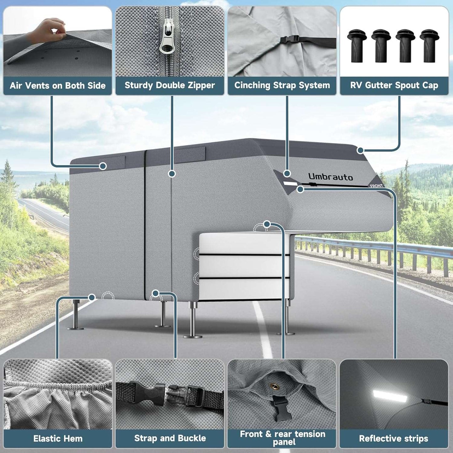 Umbrauto Truck Camper Cover 7-Layer Anti-Tear Top, RVs All Season Protection with Gutter Cover,Windproof Straps