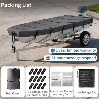 Jon Boat Cover ,1200D 5-Layer Waterproof Oxford Fabric,Heavy Duty UV Protection Fade and Tear Resistant Trailerable Mooring Cover, Marine Grade Reinforced Adjustable Side Straps