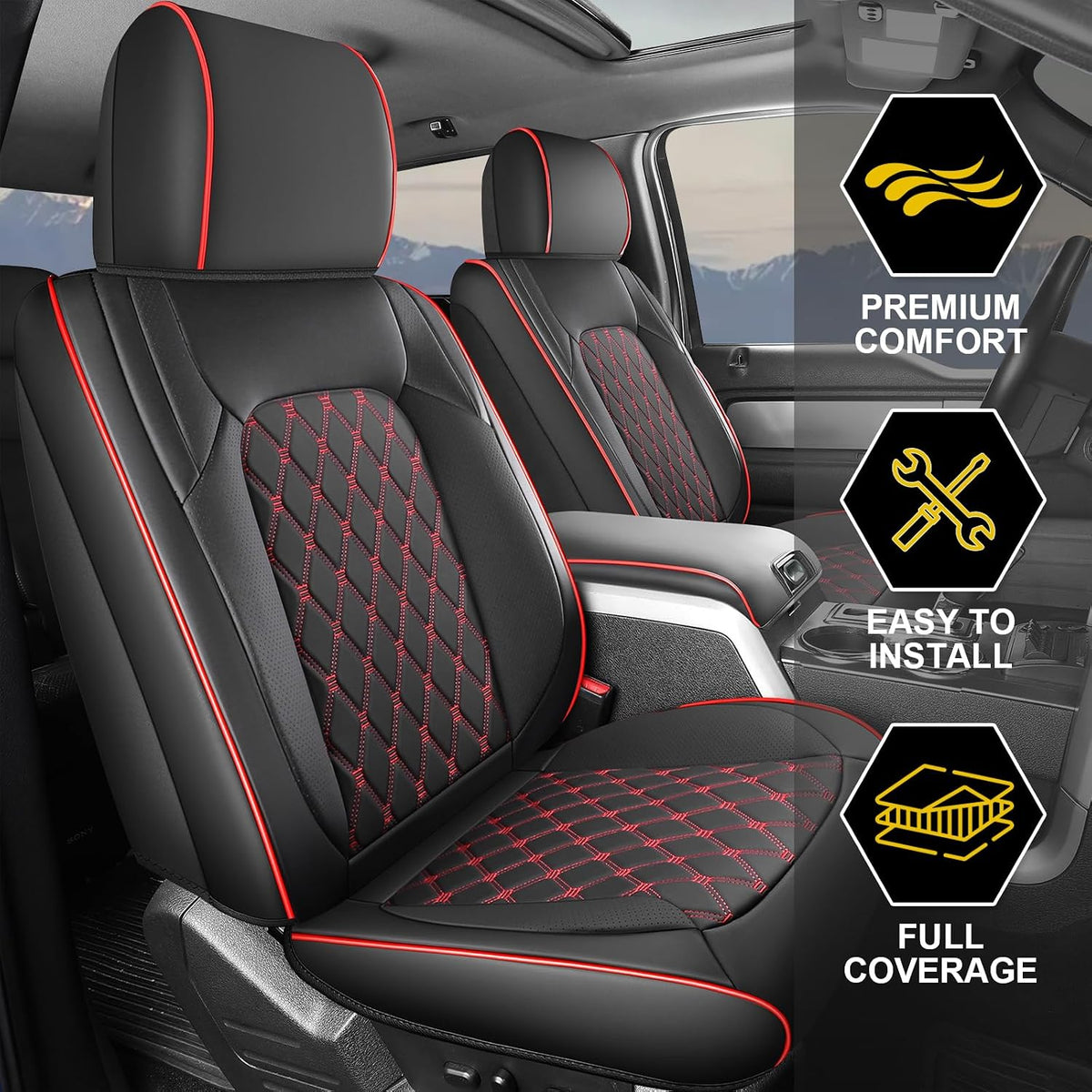 Seat Covers for F150 2015-2026 SuperCrew, 2017-2026 F250/350/450,Crew Cab Nappa Leather, 3D Laser-Scan Custom Fit Super Duty F350/450 2017-2026 Crew Cab, Waterproof, Full Coverage, Airbag Compatible,Red