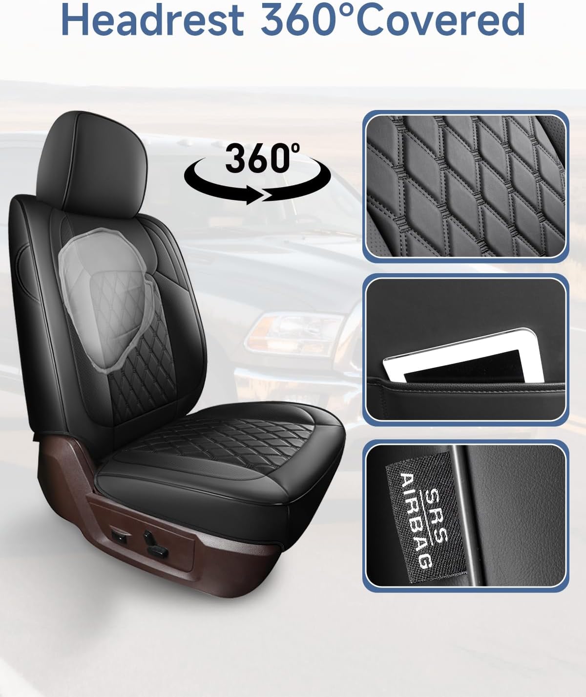 Housses de siège sur mesure compatibles avec Dodge Ram 1500 2500 3500, housses de siège de camion Ram en cuir de luxe à couverture complète 2009-2025 compatibles avec Crew Cab Double Quad Regular (ensemble complet (avant plat/arrière incurvé))
