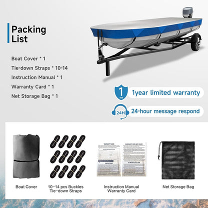 Jon Boat Cover 600D Solution-Dyed Oxford Fabric Heavy Duty Trailerable Jon Boat Cover Waterproof UV Resistant Marine Grade Reinforced Adjustable Side Straps, Blue & Silver